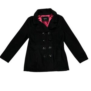 Rue 21 Black Double Breasted Pea Coat, Preowned, Size Juniors XL. Notched Collar